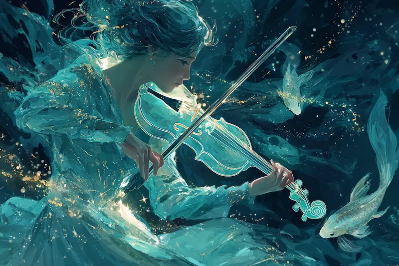 Pisces woman traits illustrated through an emotional scene of a woman playing a glowing violin surrounded by koi fish, symbolizing creativity, artistic talent, and intuitive expression in Pisces women.