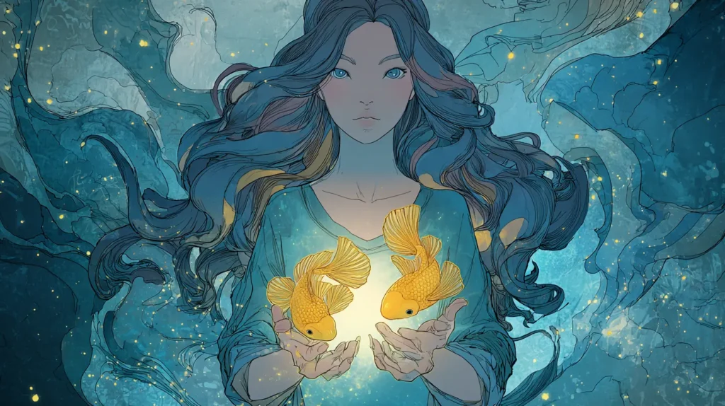 Pisces woman traits portrayed through an artistic illustration of a serene woman holding glowing golden fish, symbolizing intuition, emotional depth, and spiritual wisdom.