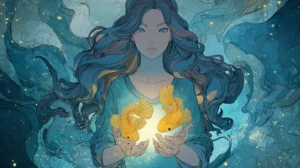 Pisces woman traits portrayed through an artistic illustration of a serene woman holding glowing golden fish, symbolizing intuition, emotional depth, and spiritual wisdom.