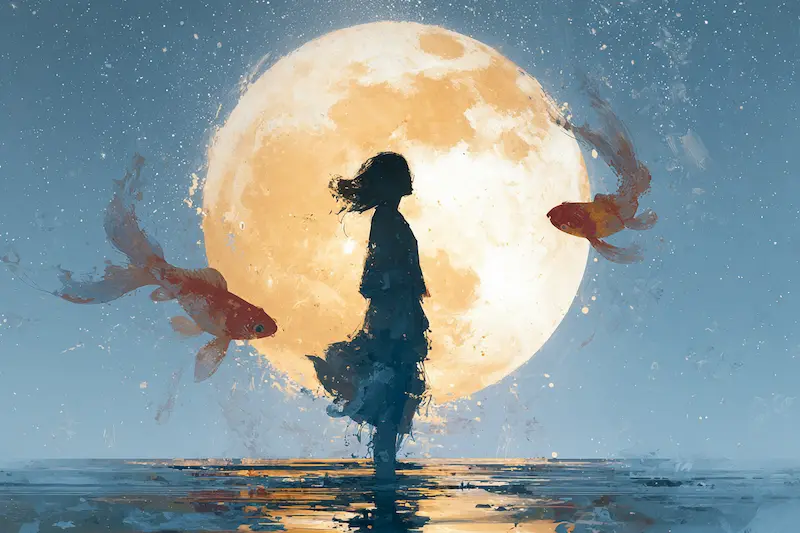 Artistic silhouette of a woman standing on water beneath a glowing moon with koi fish circling, symbolizing Pisces woman traits of intuition, emotional depth, and soulful visionary energy.