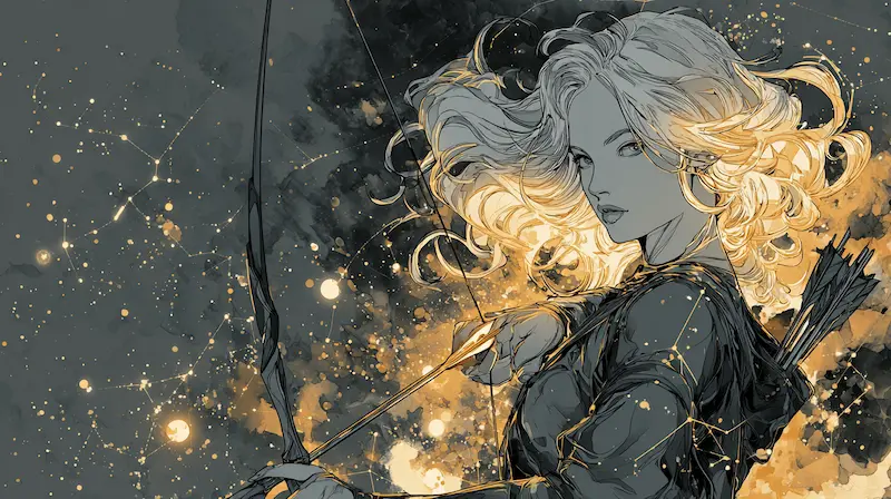 Sagittarius woman drawing her bow amid golden stars, expressing honesty, optimism, and curiosity — key Sagittarius woman trait.