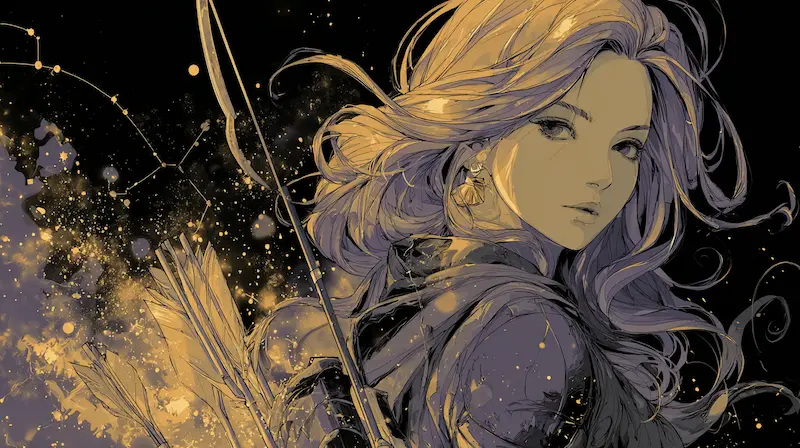 Focused Sagittarius woman aiming her arrow upward through cosmic gold, symbolizing ambition and visionary Sagittarius woman traits.