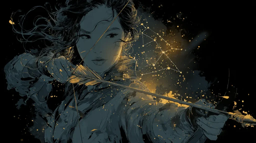 Sagittarius woman archer aiming her starlit bow under a glowing sky, symbolizing freedom and courage.