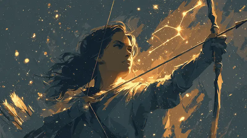 Portrait of a Sagittarius woman looking over her shoulder with cosmic light, showing her joyful and curious zodiac personality.