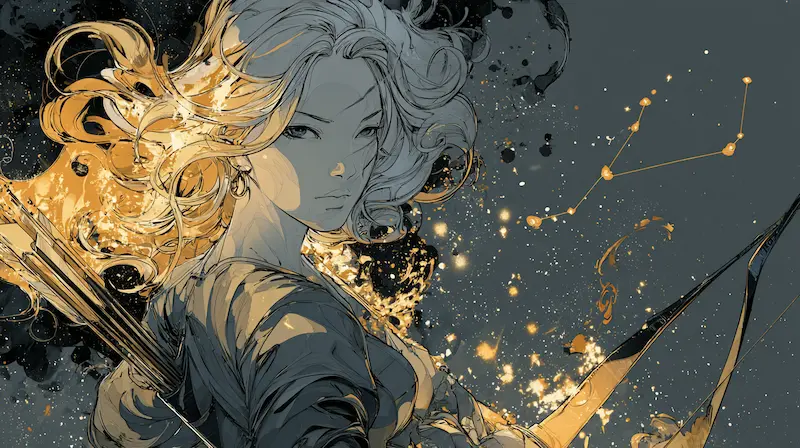 Soft portrait of Sagittarius woman with constellation glow, showing romance, honesty, and freedom — heartfelt Sagittarius woman traits.