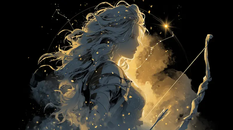 Confident Sagittarius woman surrounded by golden light, representing ambition, generosity, and leadership.