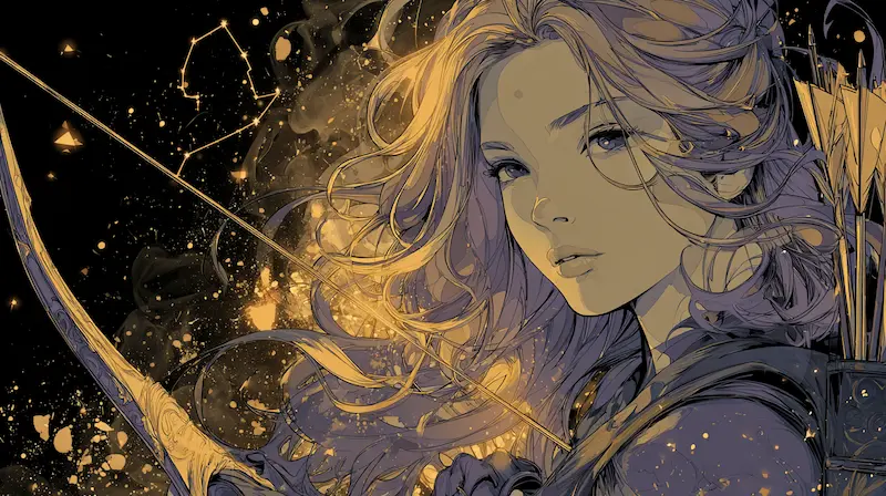 Silhouette of Sagittarius woman beneath the stars, bow resting beside her, symbolizing completion and reflection on Sagittarius woman traits.