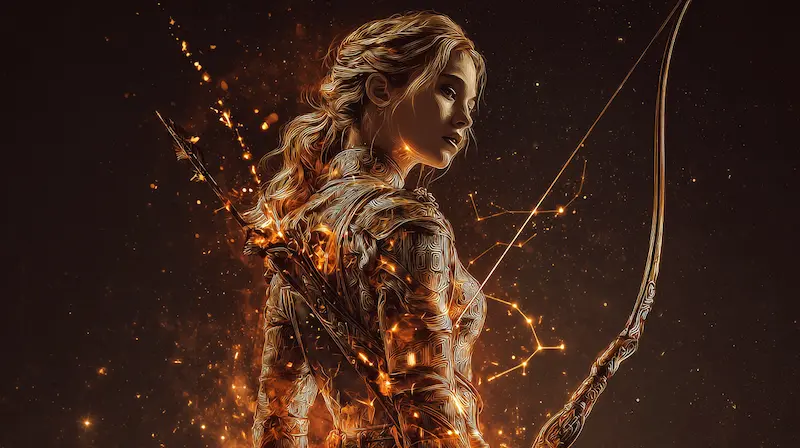 Sagittarius woman in shadowed light, reflecting emotional depth, restlessness, and lessons in patience.