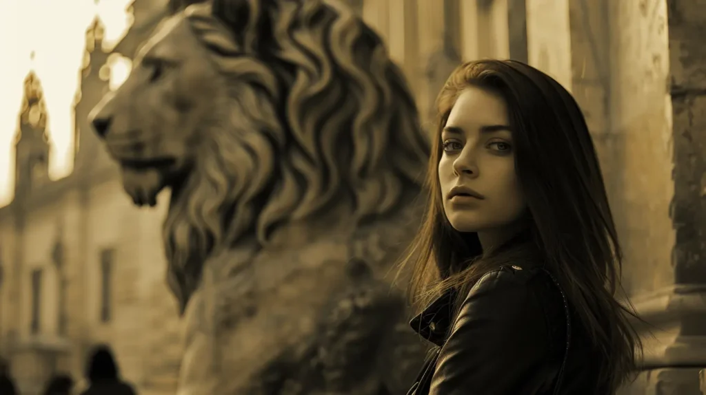 A confident woman standing beside a large lion statue in a city square, symbolizing strength, pride, and leadership in a Leo woman personality, with the woman in color and the background in muted tones