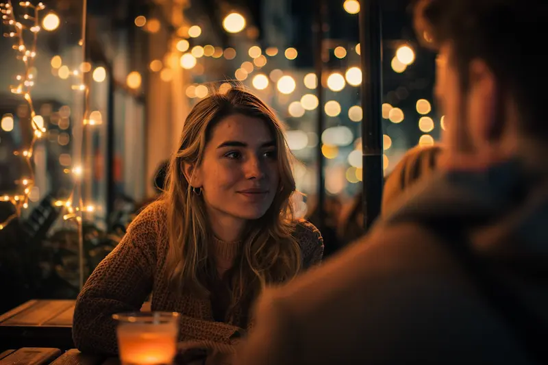 A warm evening scene of a woman smiling across the table at someone she cares about, capturing the affectionate, loyal, and expressive nature of Leo woman personality in relationships
