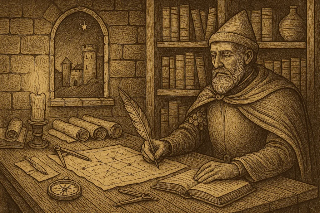 Medieval scholar and strategist studying maps and manuscripts at a wooden desk, surrounded by books, scrolls, and planning tools, symbolizing the INTJ Master Strategist personality type, with a distant castle visible through a stone window.
