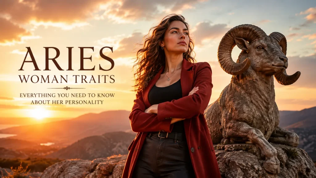 Confident Aries woman symbolized by a ram at sunrise