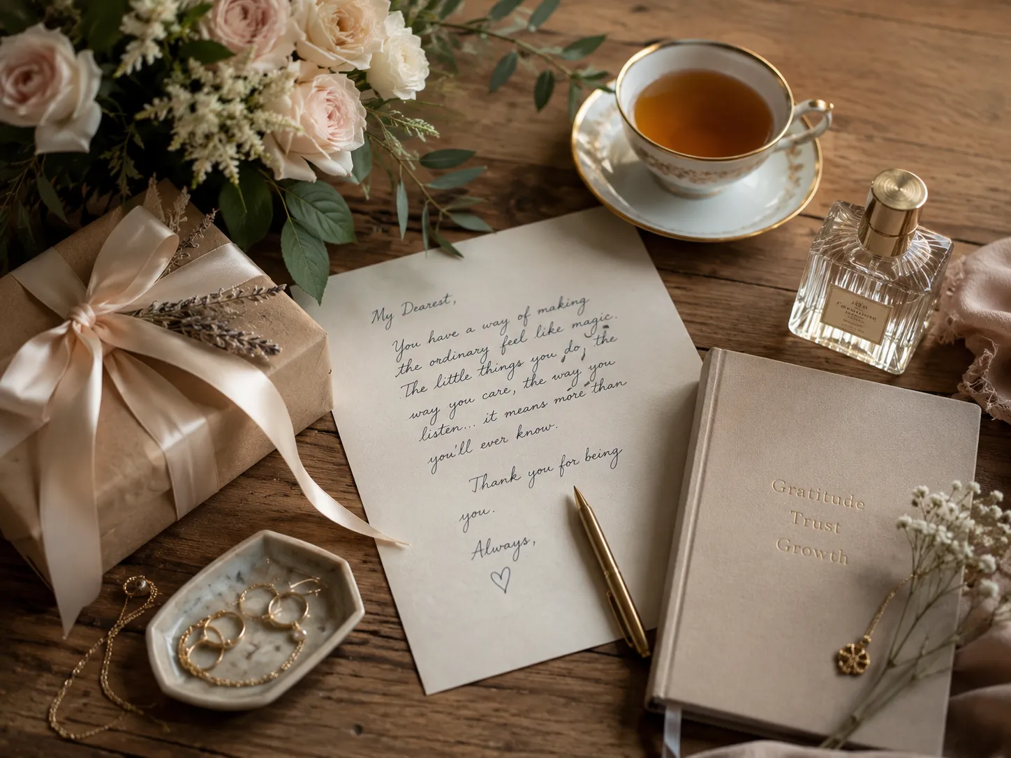 A thoughtful handwritten note and carefully arranged gifts symbolizing trust and appreciation for a Virgo woman