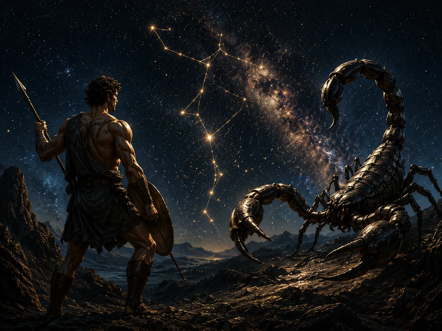 Scorpio zodiac mythology showing the scorpion and Orion constellation in a dramatic night sky