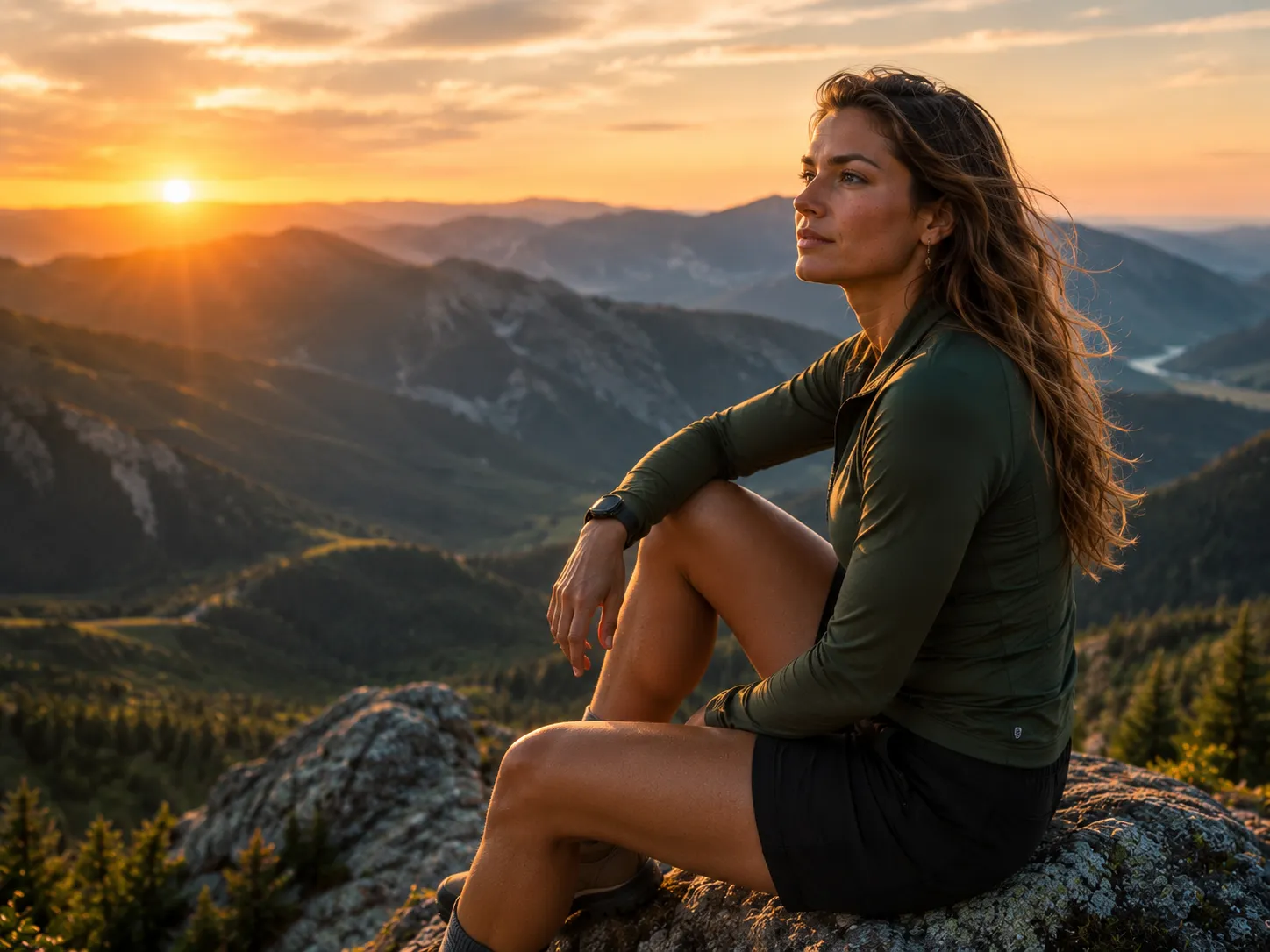 Taurus woman overlooking a mountain landscape, symbolizing emotional strength and inner stability