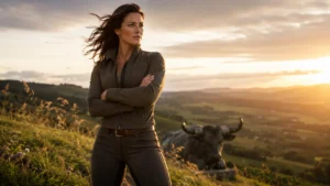 Strong Taurus woman standing on a grassy hillside at sunrise, symbolizing determination and earth sign energy