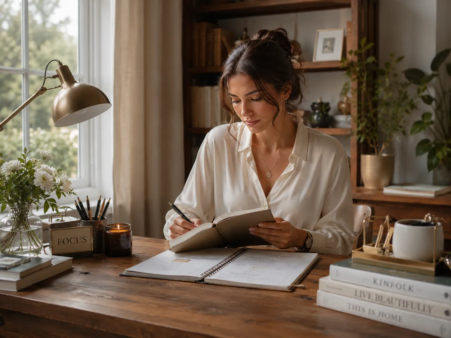 Virgo woman organizing notes with focus and precision