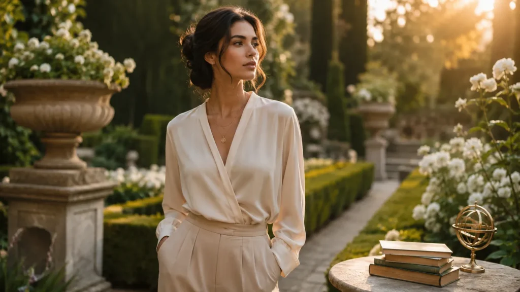 Virgo woman standing confidently in an elegant botanical garden, reflecting intelligence, grace, and practicality