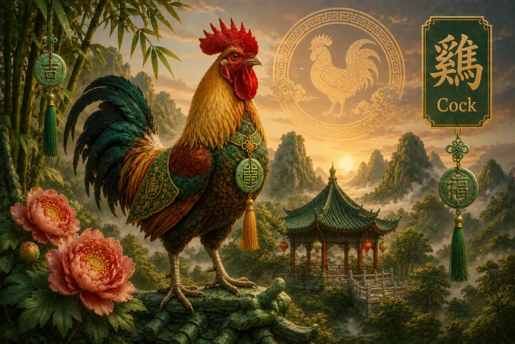 Year of the Rooster Chinese zodiac illustration featuring a majestic rooster in traditional Chinese attire with peonies, bamboo, temple landscape, and the Chinese character 雞 symbolizing confidence, diligence, and prosperity.