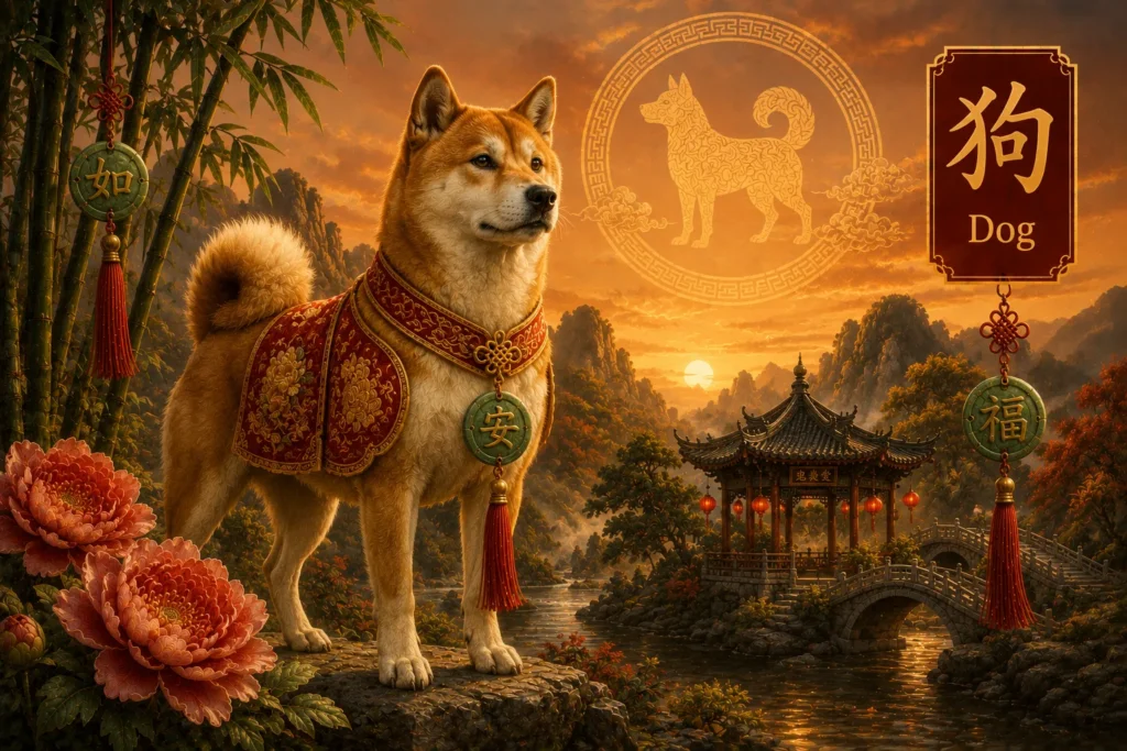 Year of the Dog Chinese Zodiac illustration featuring a loyal golden dog in traditional Chinese attire standing in a peaceful temple garden at sunset with Chinese symbols and festive decorations.