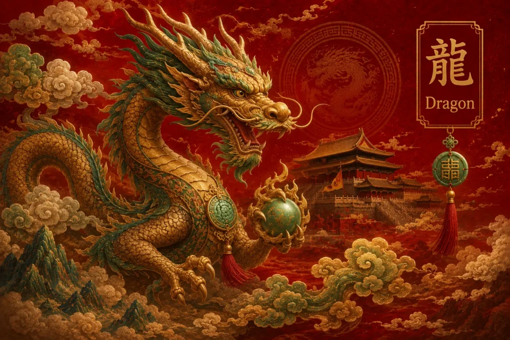 Golden Chinese Dragon representing the Year of the Dragon zodiac sign, surrounded by red clouds, an imperial palace, and traditional Chinese ornaments, symbolizing power, wisdom, prosperity, and good fortune.
