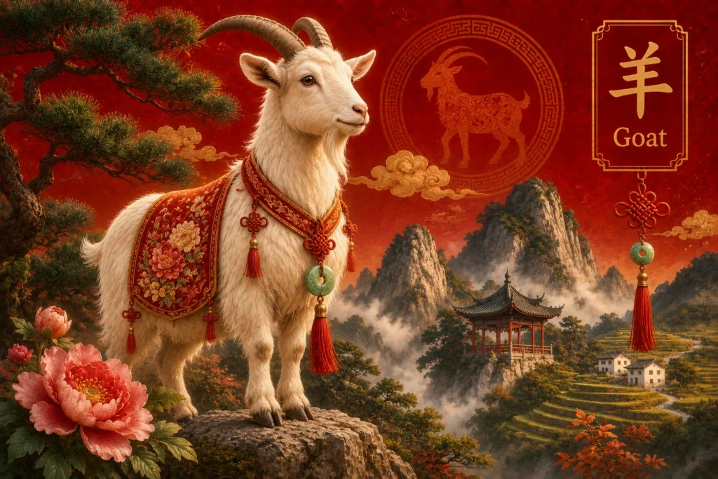 Chinese Zodiac Year of the Goat illustration featuring a majestic white goat in ornate traditional Chinese attire, standing before a scenic mountain landscape with the Goat character (ηΎ) and a vibrant red festive background.