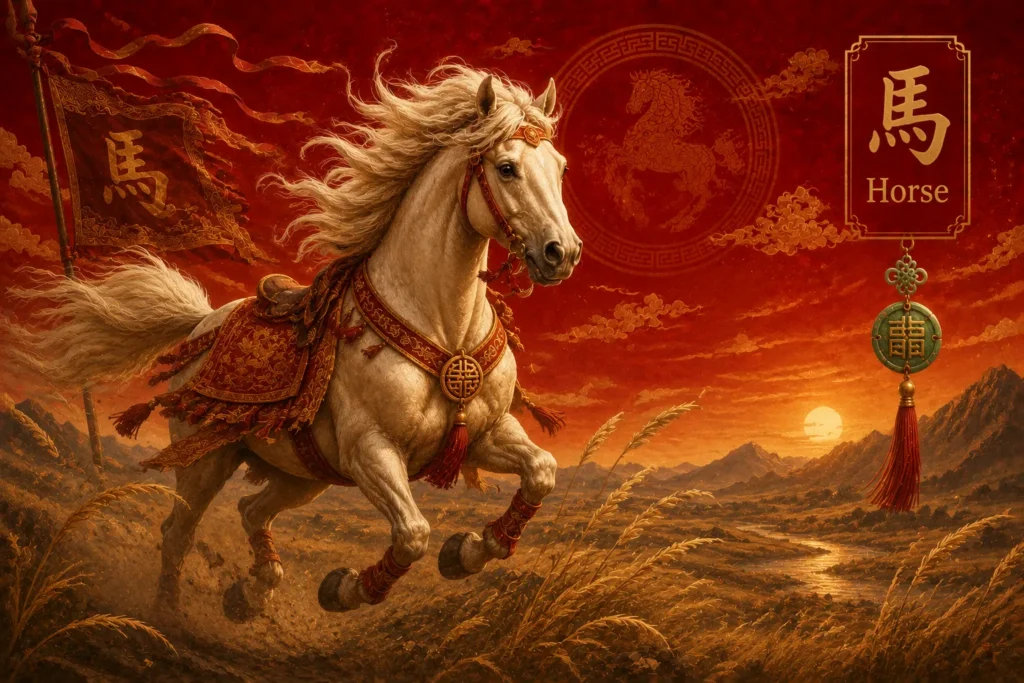 Chinese Zodiac Year of the Horse illustration featuring a majestic white horse galloping across a golden landscape with traditional Chinese ornaments, the Horse character (馬), and a vibrant red festive background.