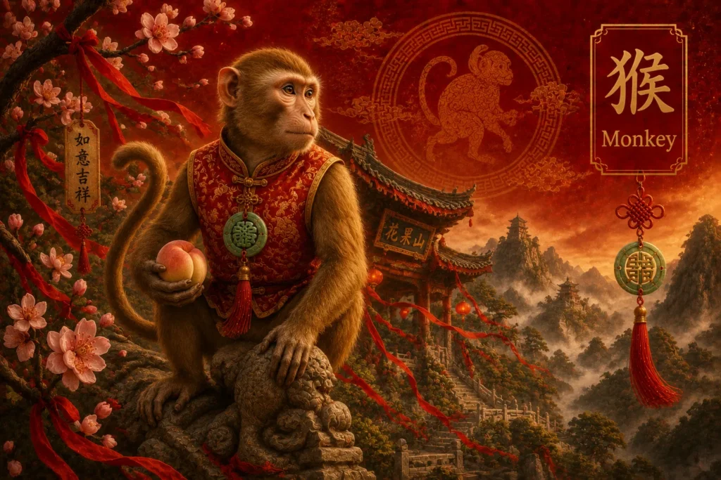 Year of the Monkey Chinese Zodiac illustration featuring a clever monkey in traditional red Chinese attire holding a peach, surrounded by cherry blossoms, temples, mountains, and festive ornaments with the Chinese character 猴 (Monkey) against a rich red Lunar New Year background.