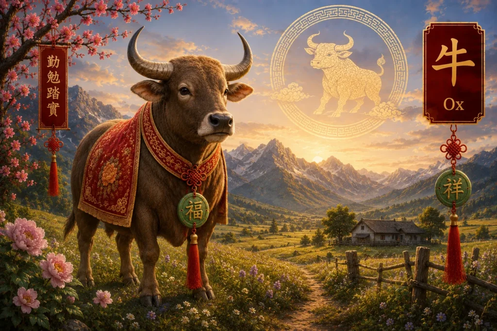 Chinese Zodiac Ox in a mountain field wearing traditional Chinese red embroidered ceremonial cloth at sunrise.