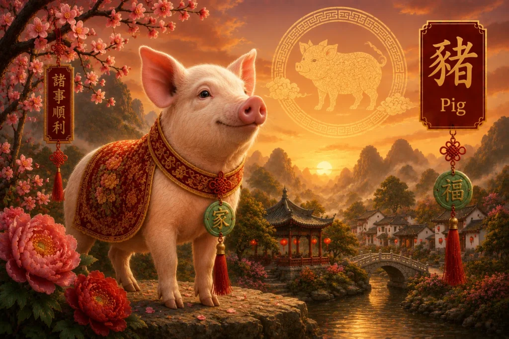 Year of the Pig Chinese Zodiac illustration featuring a joyful pink pig in traditional Chinese attire standing in a peaceful village at sunset with cherry blossoms, Chinese symbols, and festive decorations.