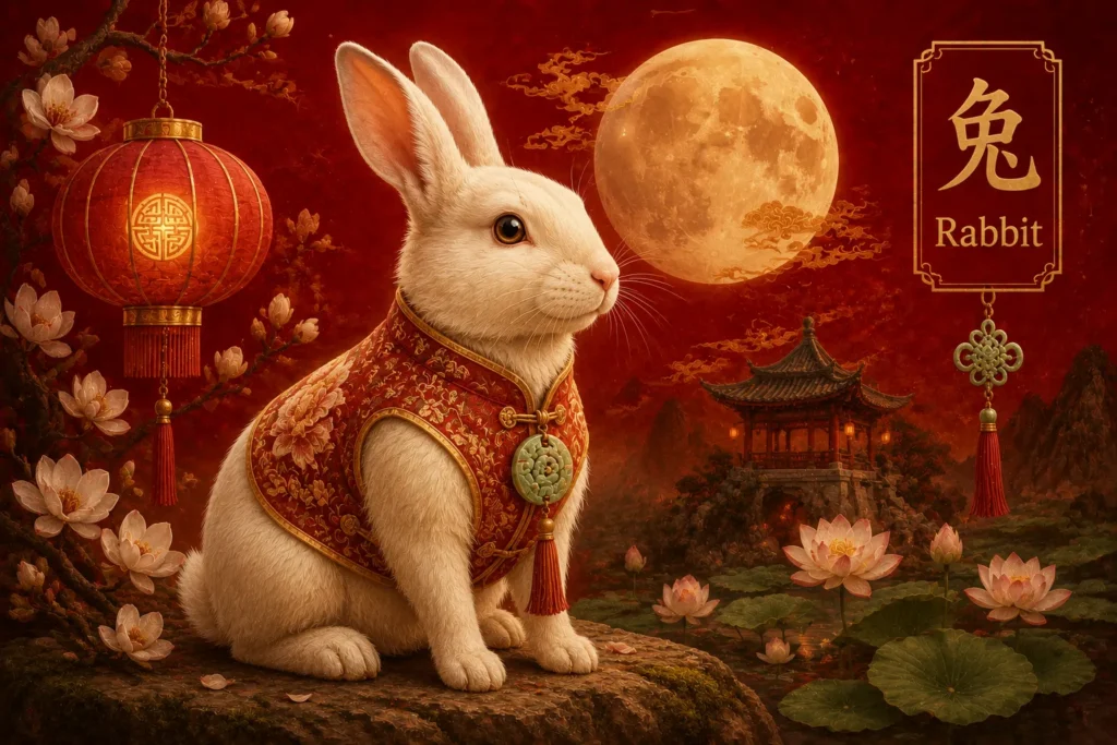 Year of the Rabbit Chinese Zodiac illustration featuring an elegant white rabbit in traditional red Chinese attire beneath a full moon, surrounded by lotus flowers, lanterns, and an ancient pavilion, symbolizing peace, grace, and good fortune.