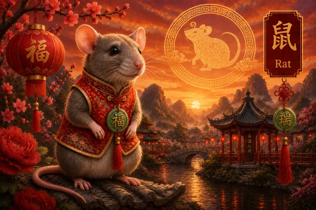 Year of the Rat Chinese Zodiac illustration featuring a traditional rat in ornate red ceremonial clothing, surrounded by Chinese lanterns, temples, blossoms, and golden sunset symbolism.