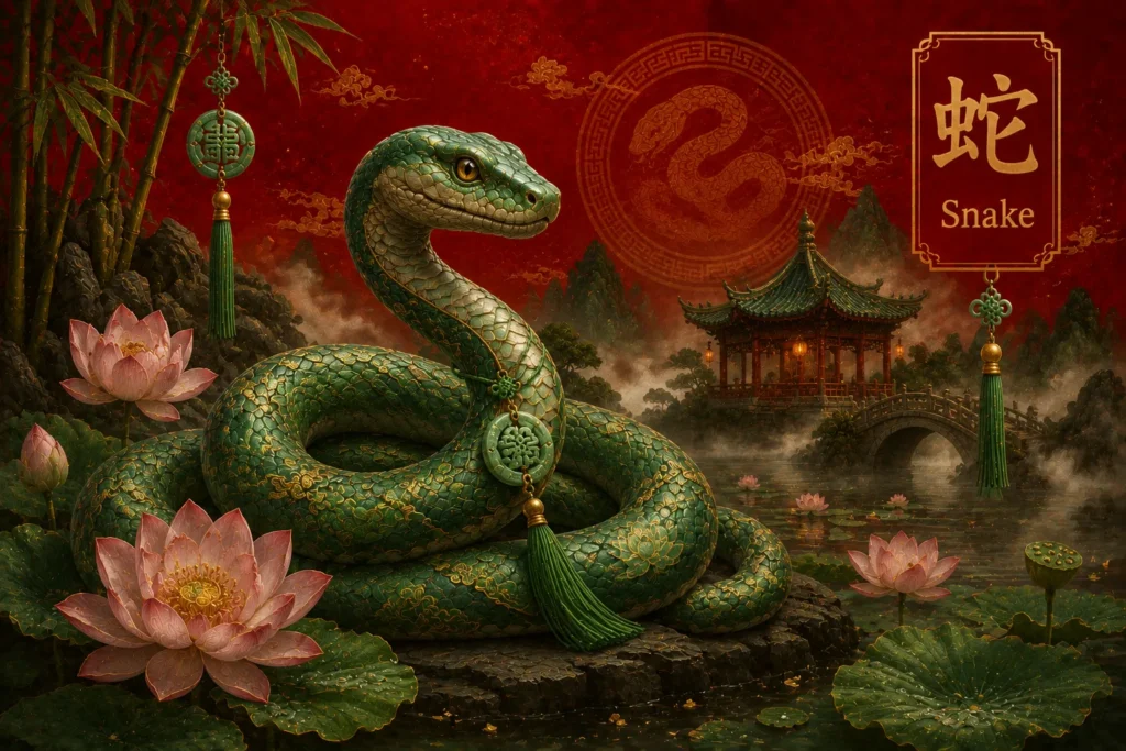 Year of the Snake Chinese Zodiac hero illustration featuring an elegant green snake with golden patterns beside lotus flowers, bamboo, and a traditional Chinese pavilion, symbolizing wisdom, intuition, and transformation.