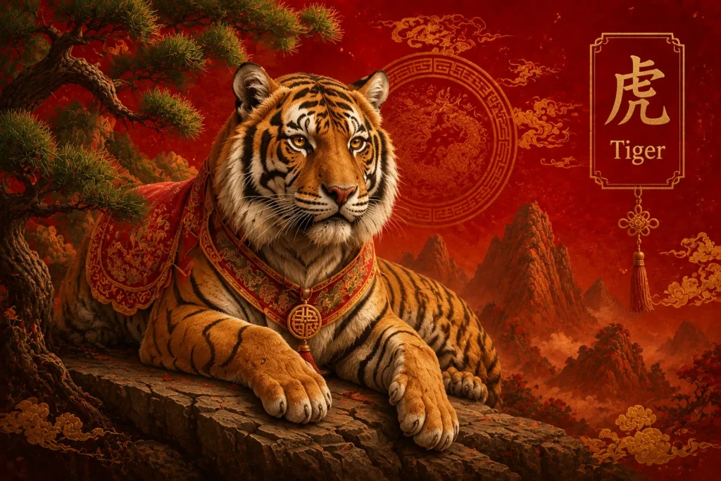 Year of the Tiger Chinese Zodiac illustration featuring a majestic tiger in traditional red ceremonial attire, surrounded by pine trees, mountain peaks, golden clouds, and ancient Chinese symbolism.