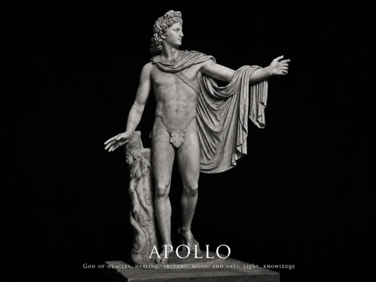 Apollo, the Greek god of the Sun, music, healing, prophecy, and the arts, depicted as a classical marble statue on a black background.