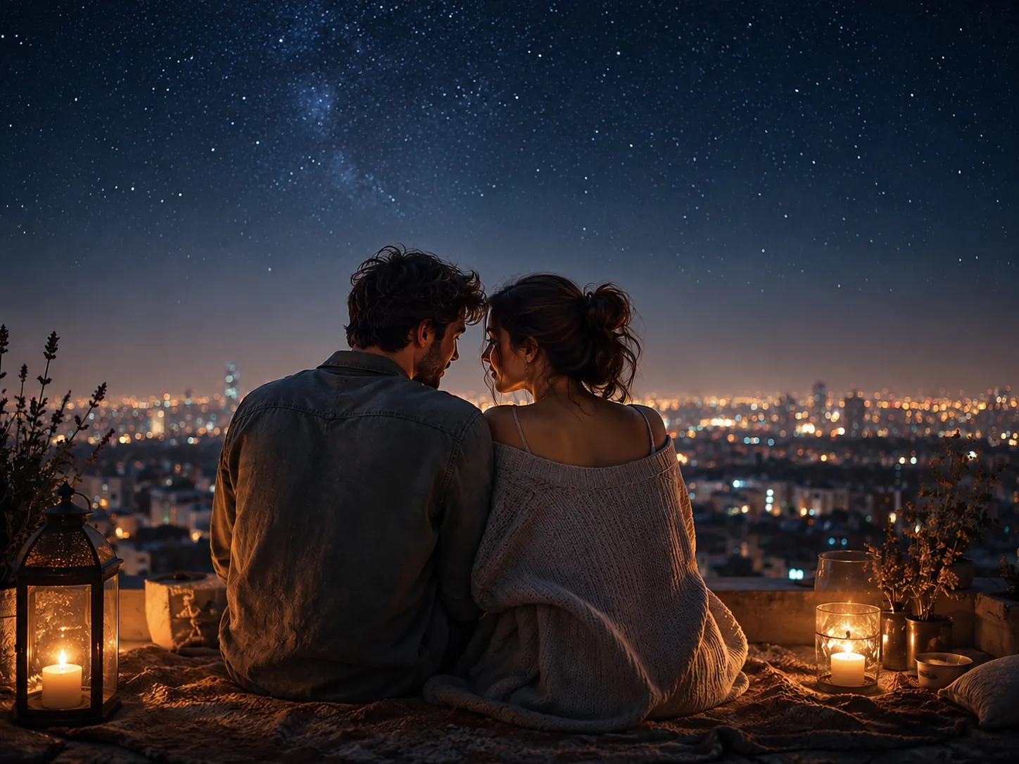 Romantic couple under a star-filled sky representing Aquarius compatibility, highlighting deep friendship, intellectual connection, independence, and lasting love.