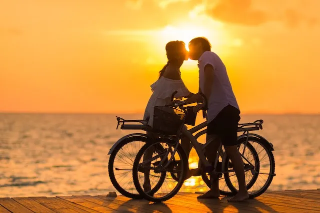 Aquarius and Leo couple sharing a romantic sunset by the sea, symbolizing a relationship built on individuality, mutual admiration, passion, and lasting attraction.