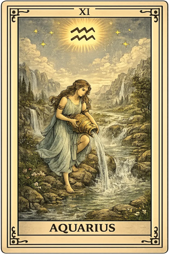 Aquarius tarot card featuring the Water Bearer pouring water into a flowing river, symbolizing Aquarius traits of innovation, independence, humanitarian vision, and the free flow of knowledge.
