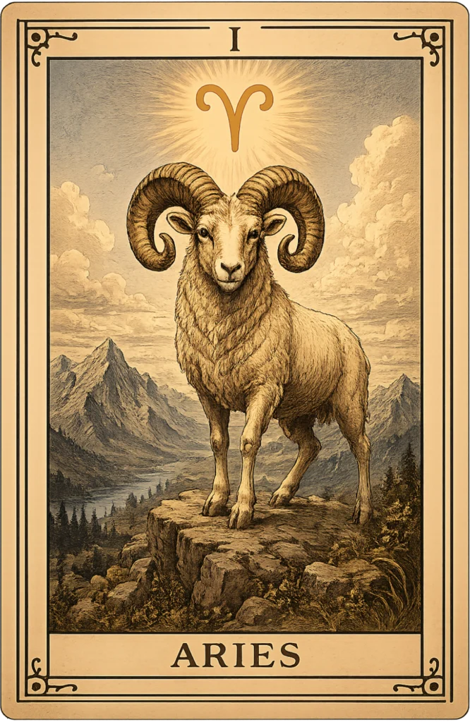 Aries zodiac tarot card with a ram standing on a mountain under the Aries symbol, illustrated in a vintage tarot style with an antique parchment border.