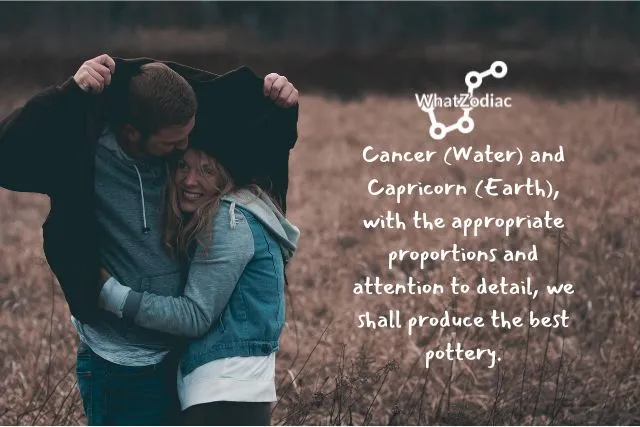 Cancer and Capricorn couple embracing outdoors, symbolizing the balance of emotional warmth, loyalty, stability, and long-term compatibility between the Water and Earth signs.