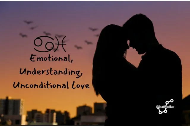 Cancer and Pisces couple silhouetted at sunset, symbolizing deep emotional understanding, unconditional love, intuition, and the harmonious compatibility between two Water signs.