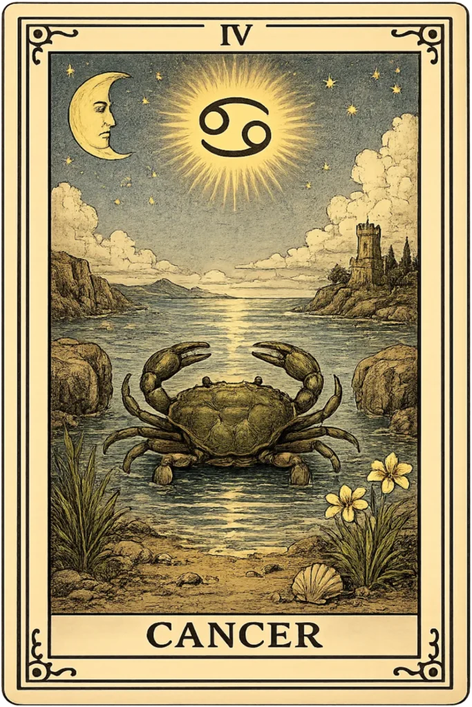 Vintage-style Cancer tarot card featuring a crab beneath the Cancer zodiac symbol, with a moonlit coastal landscape, sea cliffs, flowers, and celestial sky representing the Cancer zodiac sign.