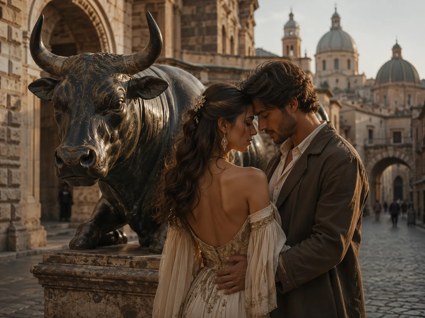 Capricorn couple sharing a romantic moment beside a historic bull statue in an old European city, symbolizing Capricorn compatibility through loyalty, commitment, stability, and enduring love.