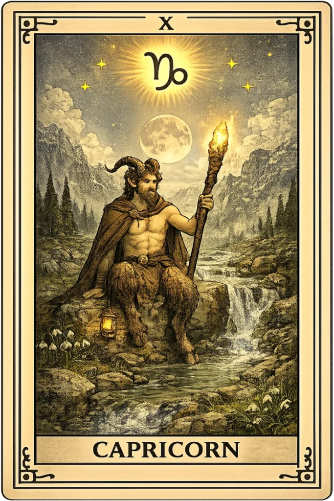 Capricorn tarot card depicting the mythical sea-goat, symbolizing ambition, discipline, perseverance, and wisdom.