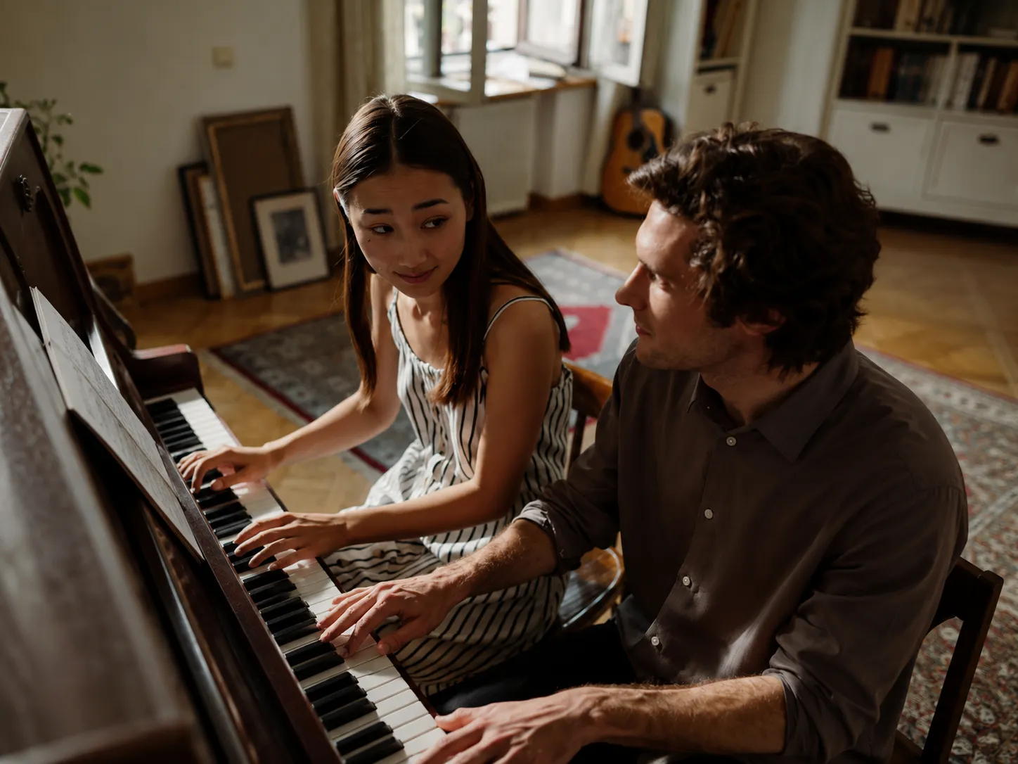 Capricorn and Taurus couple sharing a peaceful moment while playing piano together, symbolizing the stable, patient, and deeply committed compatibility between Capricorn and Taurus.