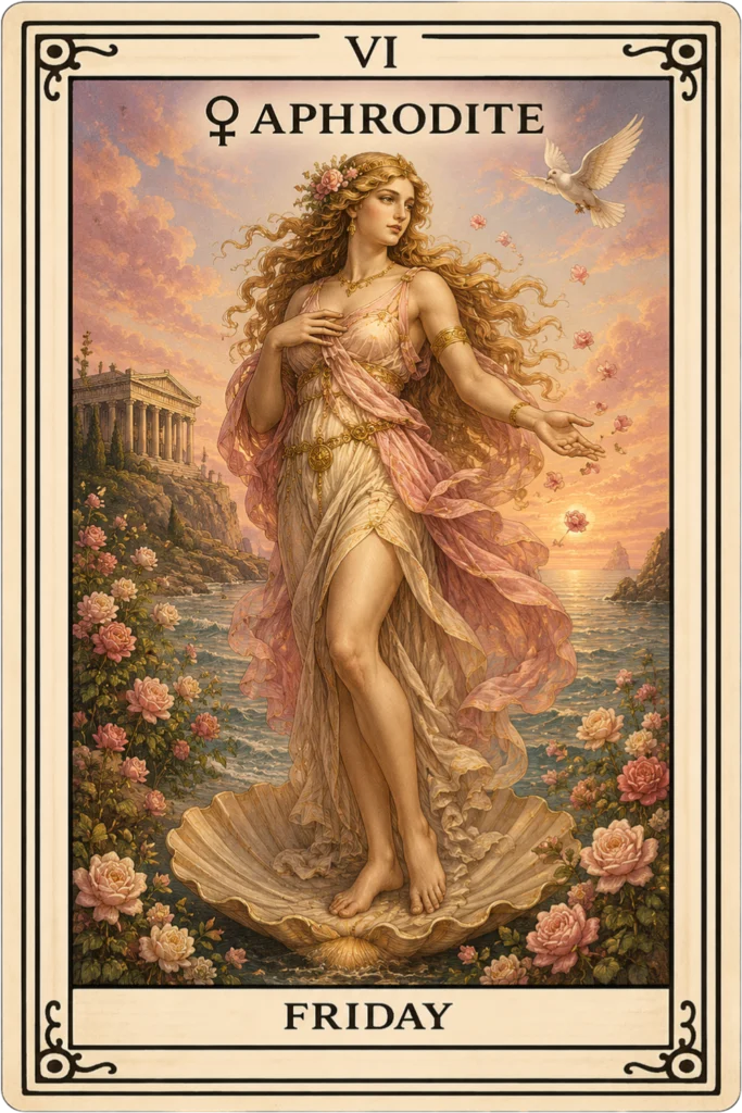 Aphrodite, the Greek goddess of love, shown on an elegant Friday personality card surrounded by roses and seashells.