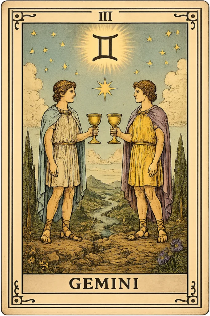 Gemini tarot card featuring the Twins holding golden chalices beneath the Gemini symbol, representing duality, communication, and curiosity.