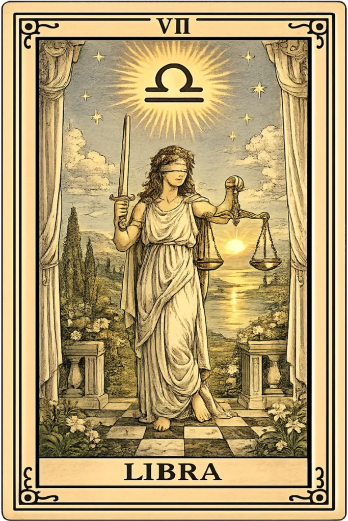 Libra tarot card depicting Lady Justice holding a sword and balanced scales beneath the Libra zodiac symbol.