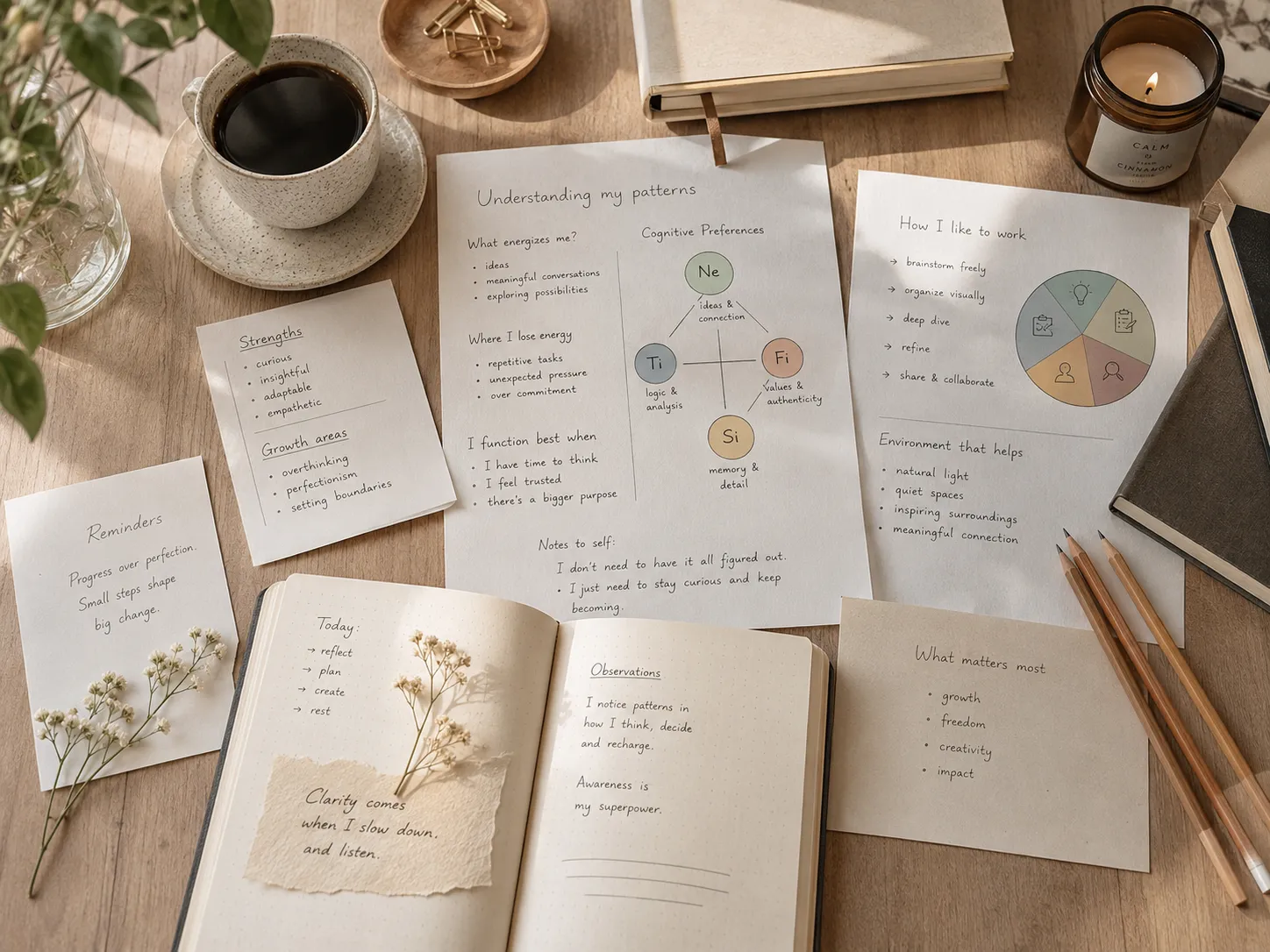Diagram and notebook representing the MBTI personality framework