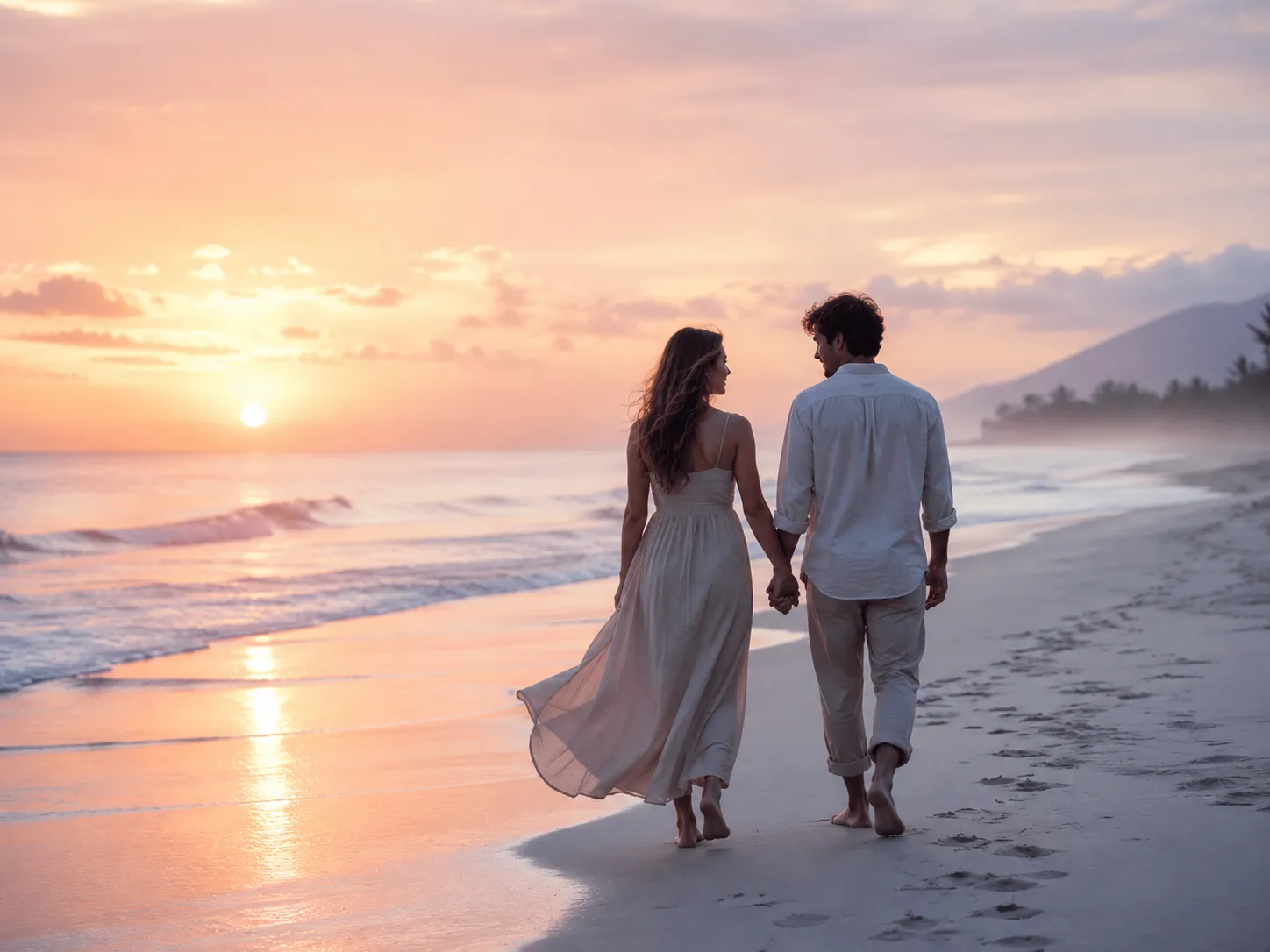 Couple walking hand in hand along a peaceful beach at sunrise, symbolizing Pisces compatibility through compassion, emotional connection, trust, spiritual harmony, and lasting love.